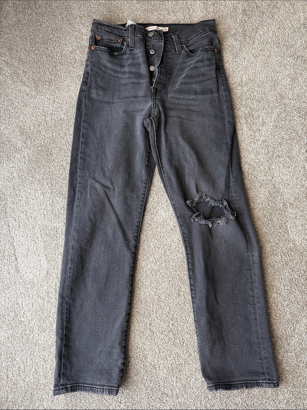 Levi's Wedgie Black Straight-Leg Jeans with Distressed Knee